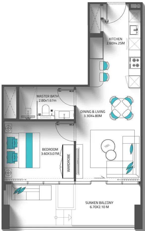 Reef 998 1 bed floor plan, 672 – 774 sqft
