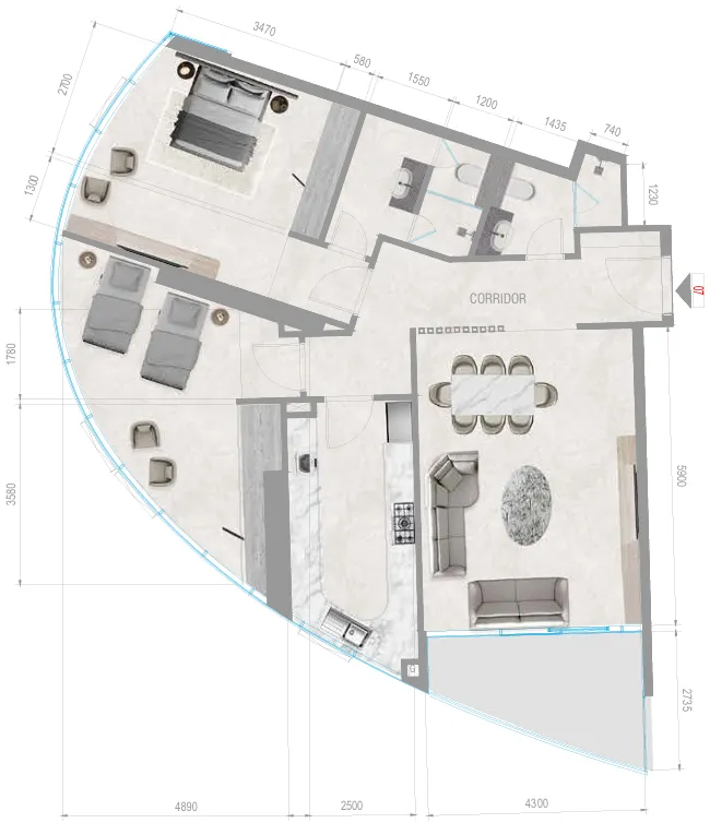 Orchid Towers Phase 1 2 bed floor plan, 1,277 sqft