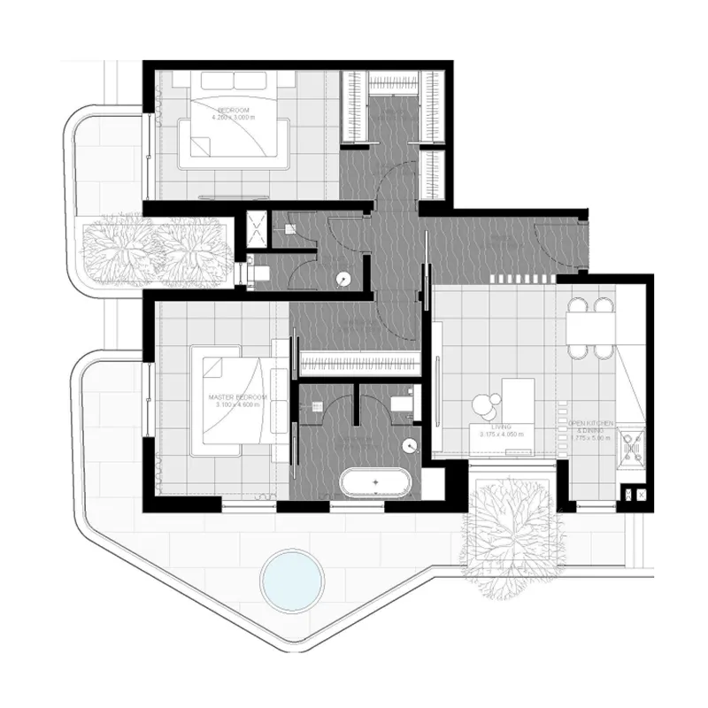 Marea Residences 2 bed floor plan, 1,305 sqft