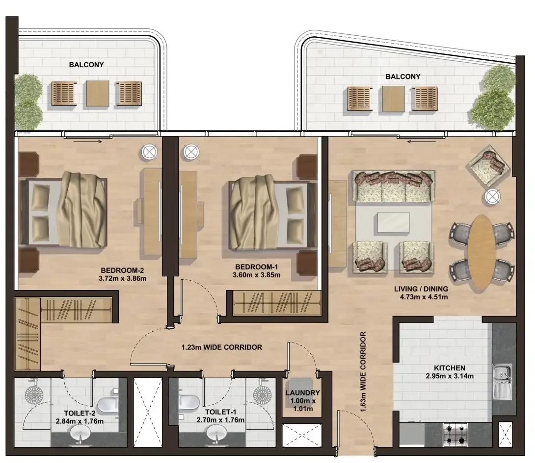 Gemini Splendor 2 bed floor plan, 1,267 – 1,271 sqft