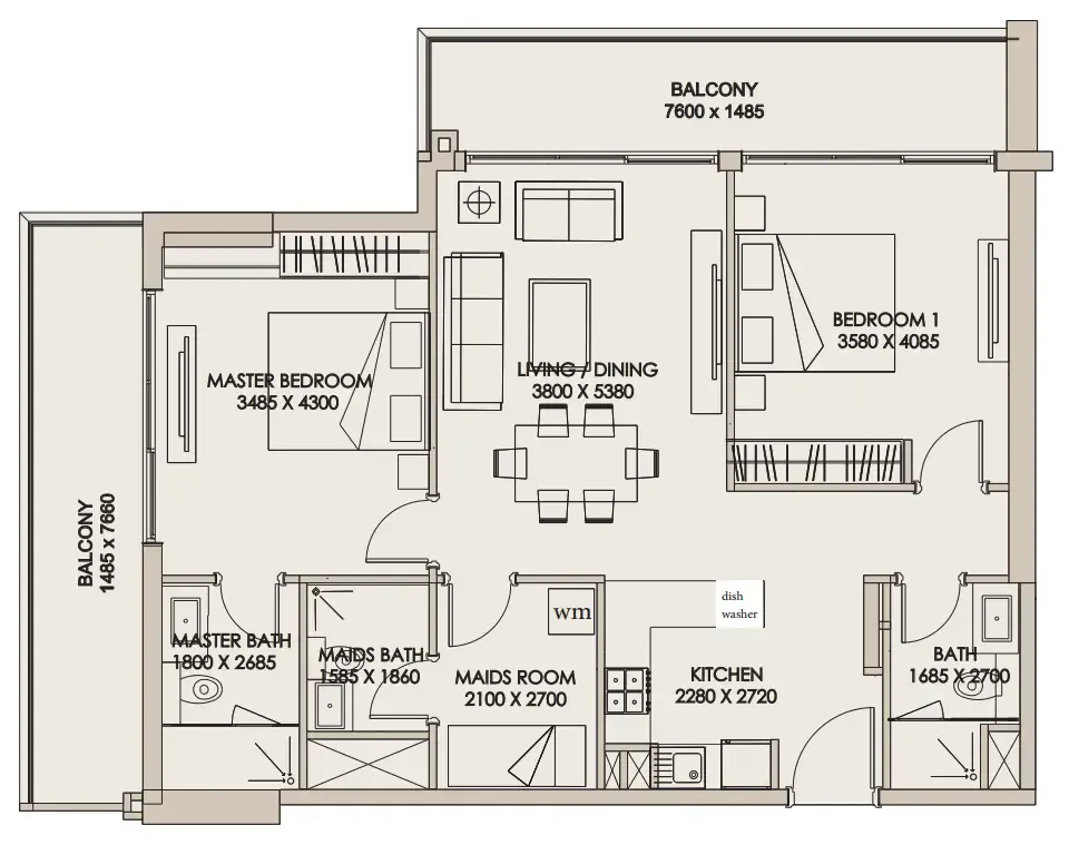 Nirvana Residences 1 2 bed floor plan, 1,559 sqft