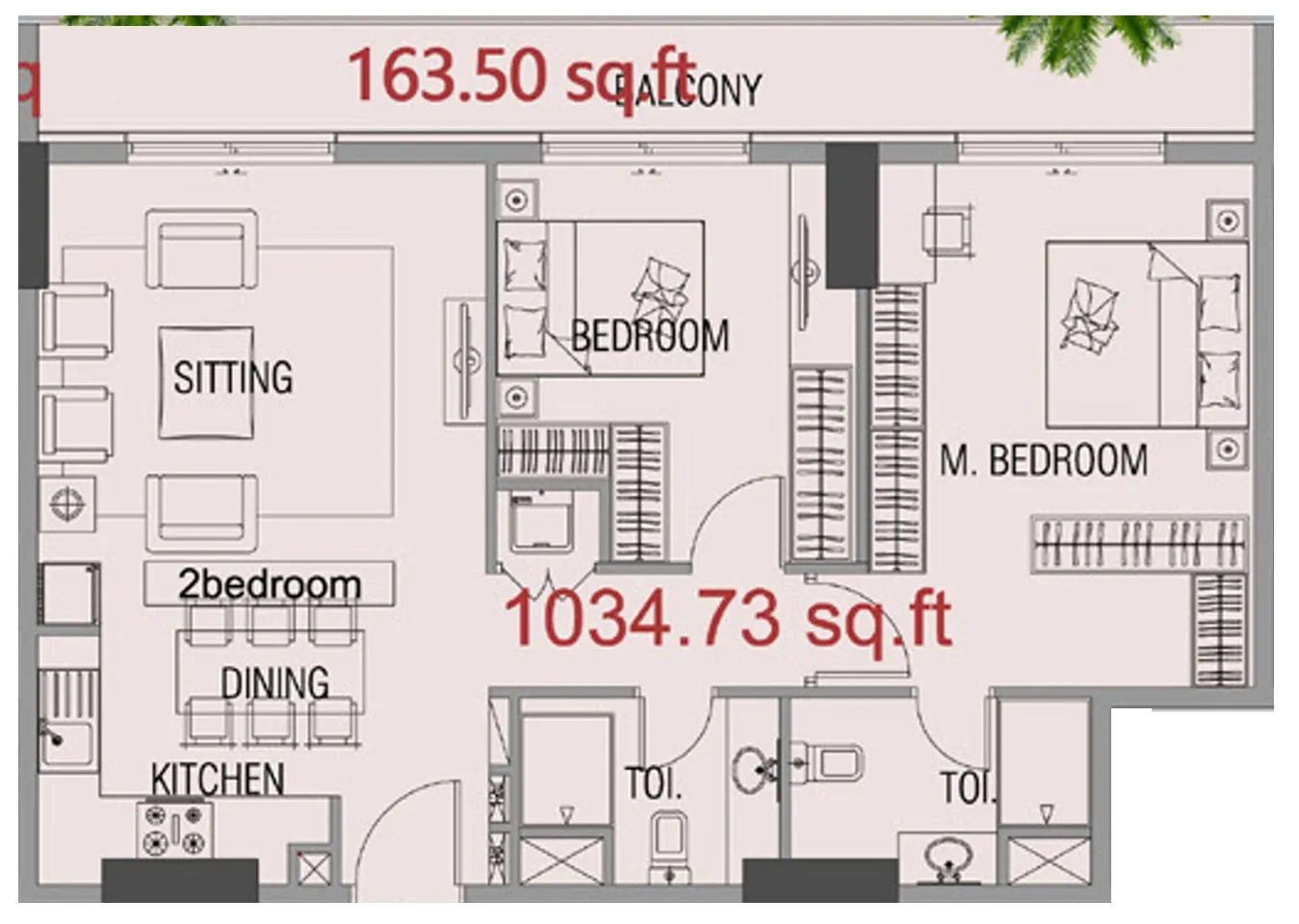 Forest City 2 bed floor plan, 1,035 sqft
