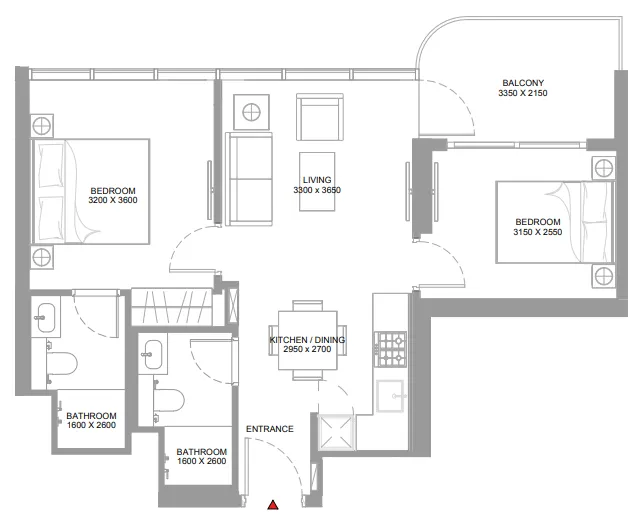 Pierside Marina Residences 2 bed floor plan, 685 sqft