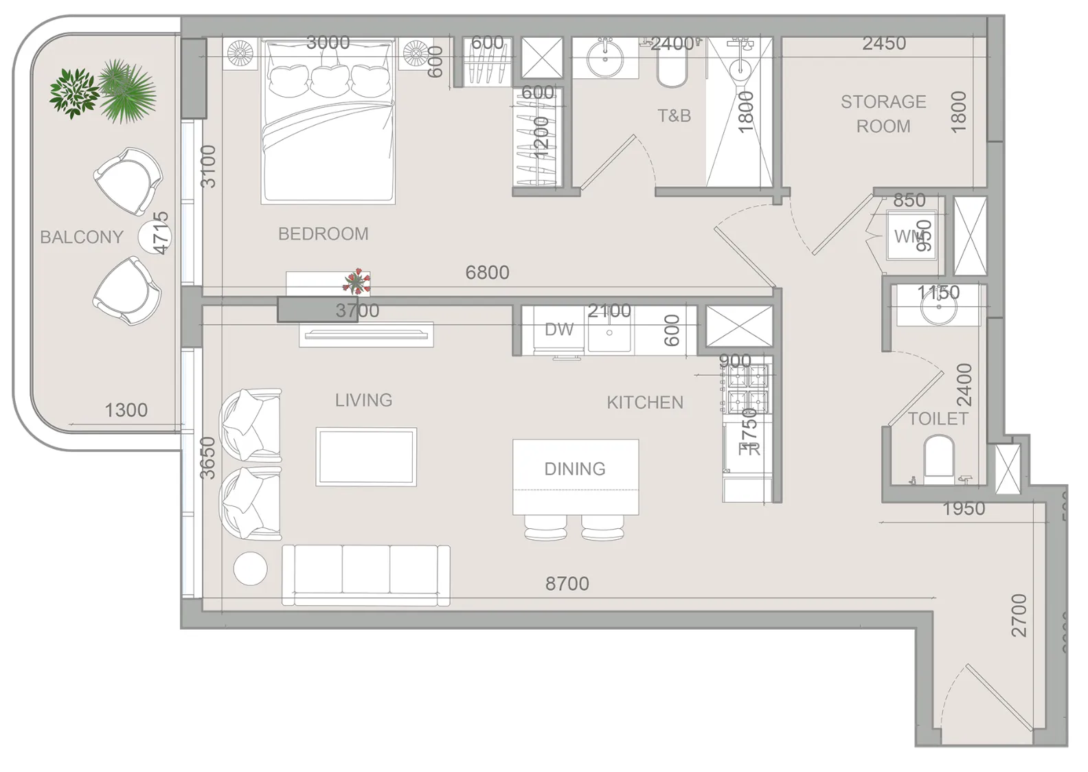 S1LV1ANA Park 1 bed floor plan, 847 sqft