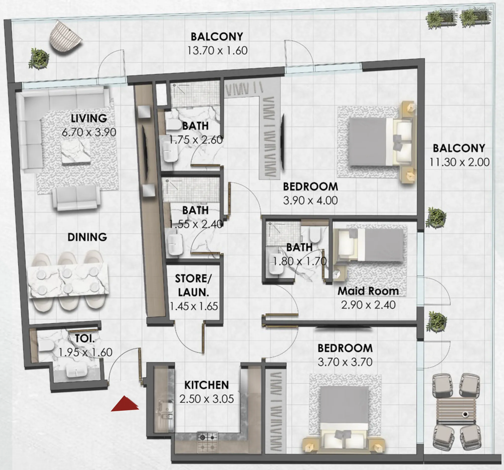 Waref Residences 2 bed floor plan, 1,741 sqft