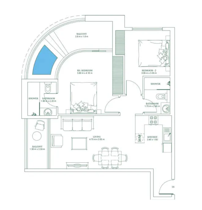 Opalz 2 bed floor plan, 1,003 sqft