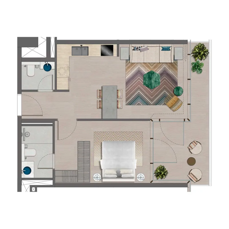 Trio Isle 1 bed floor plan, 662 sqft