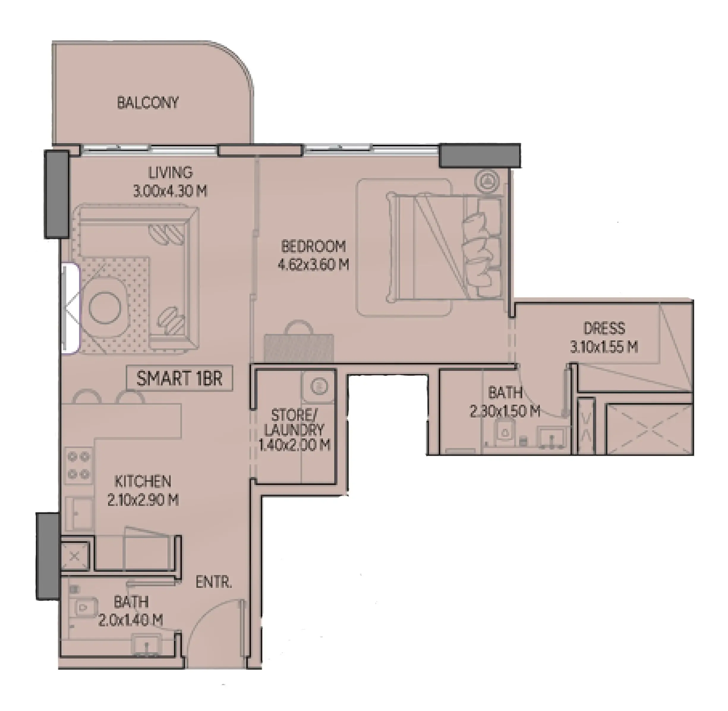 Weston by Wadan Phase 1 & 2 1 bed floor plan, 716 sqft
