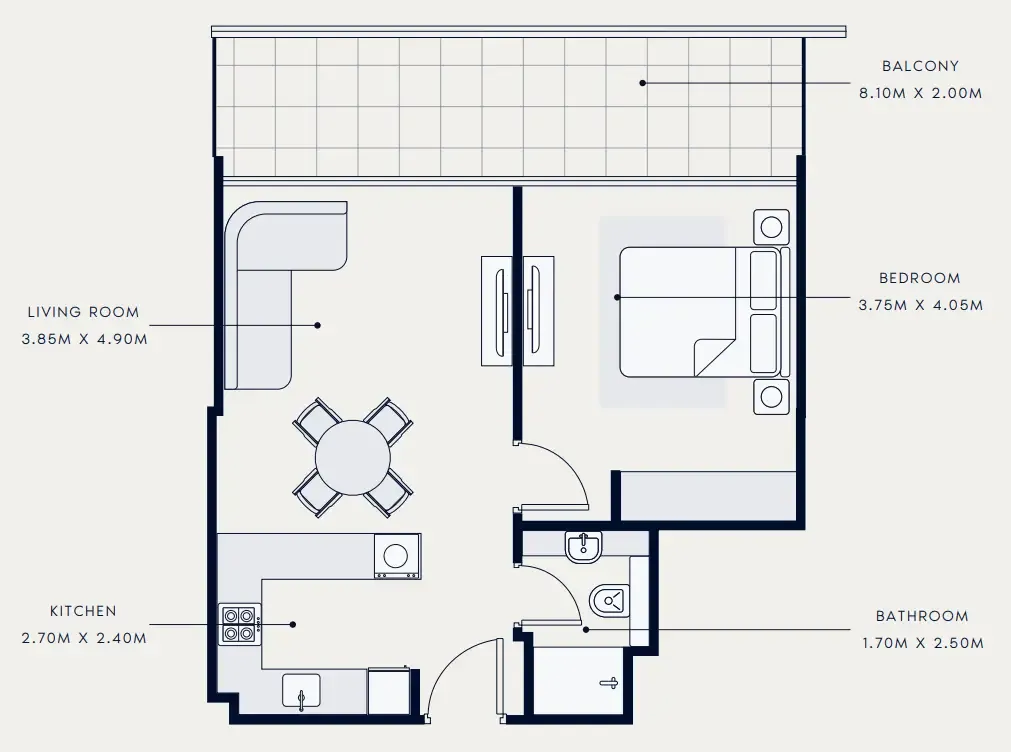 Riviera Azure 1 bed floor plan, 761 sqft