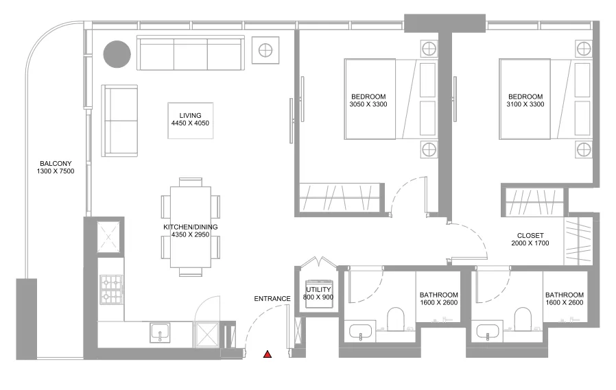 Starline Beach Residences 2 bed floor plan, 973 sqft