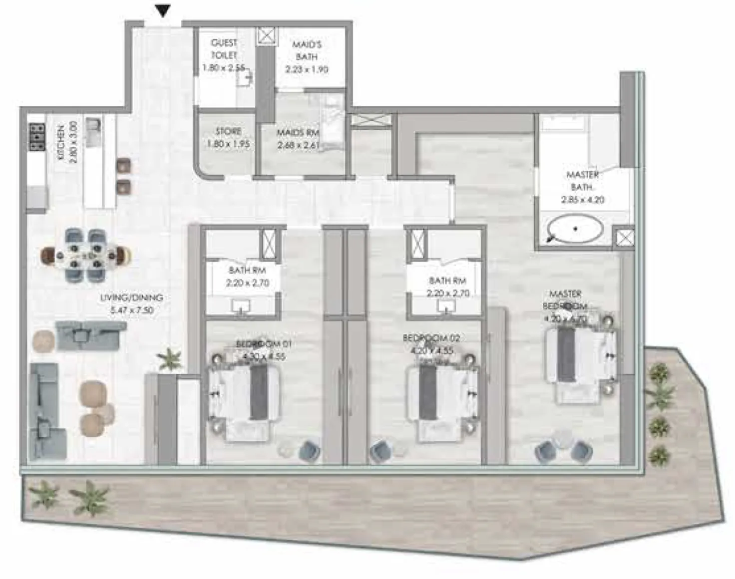 Habtoor Grand Residences 3 bed floor plan, 3,134 – 3,358 sqft