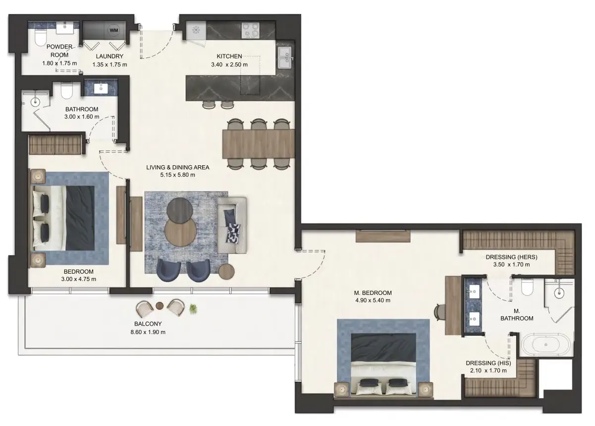 Seamont Autograph Collection Residences 2 bed floor plan, 1,428 – 1,430 sqft