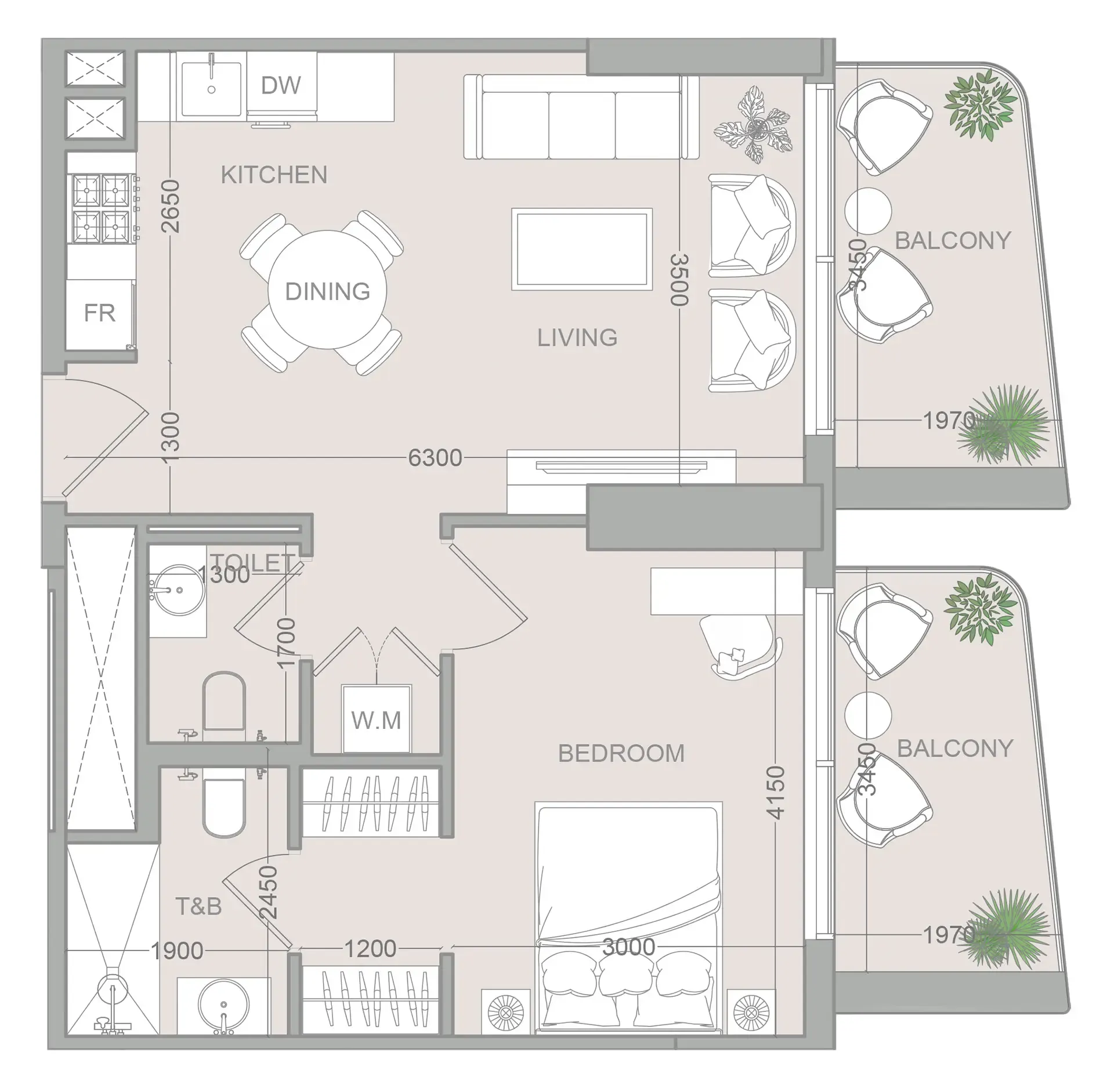 ELAR1S Sky 1 bed floor plan, 721 sqft