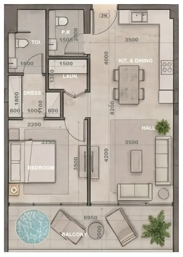 Sky Harmony 1 bed floor plan, 795 sqft