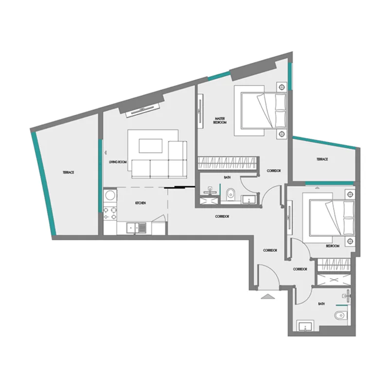 Green Field 2 bed floor plan, 952 – 1,019 sqft