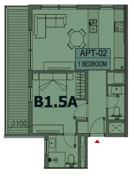 Olfah 1 bed floor plan, 674 sqft