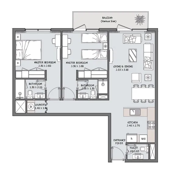 Verdana VI 2 bed floor plan, 980 sqft