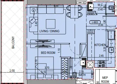 Binghatti Sky Terraces 1 bed floor plan, 728 sqft