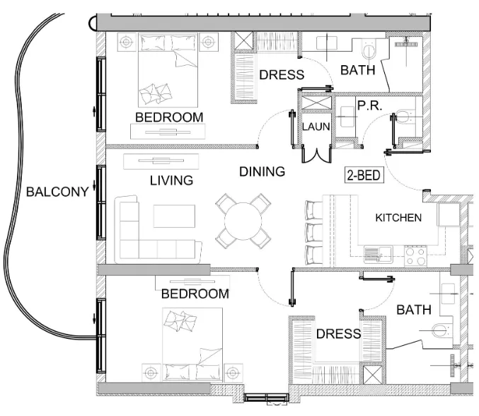 Valencia 2 bed floor plan, 1,173 sqft