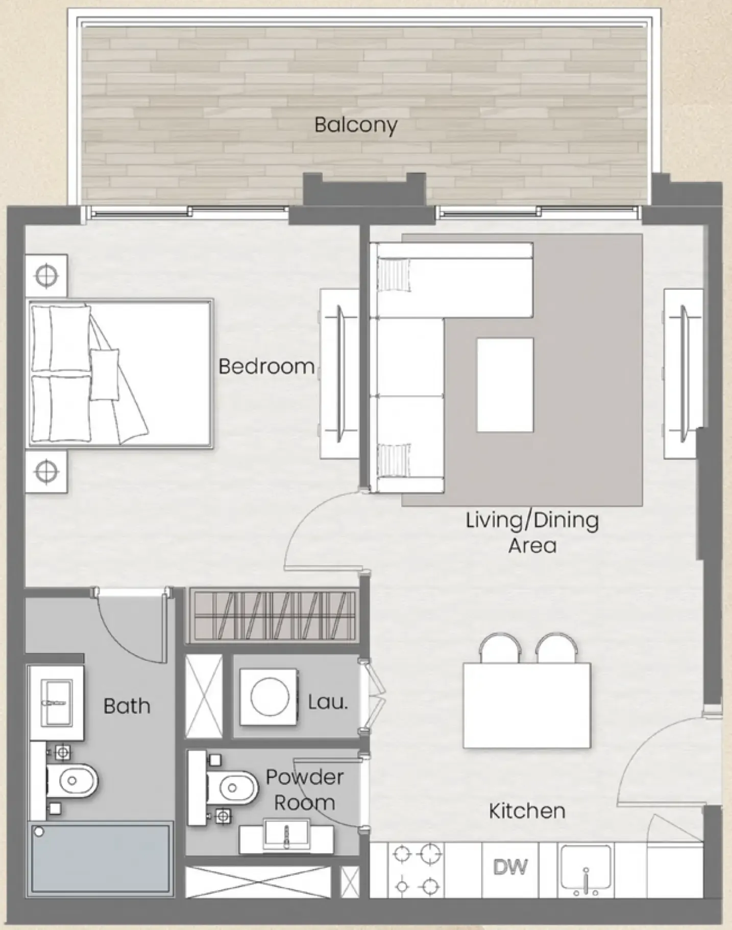 Beverly Park 1 bed floor plan, 734 sqft