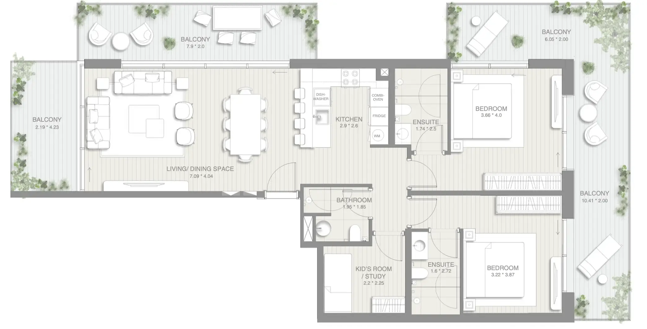 Sol Levante 2 bed floor plan, 1,717 sqft