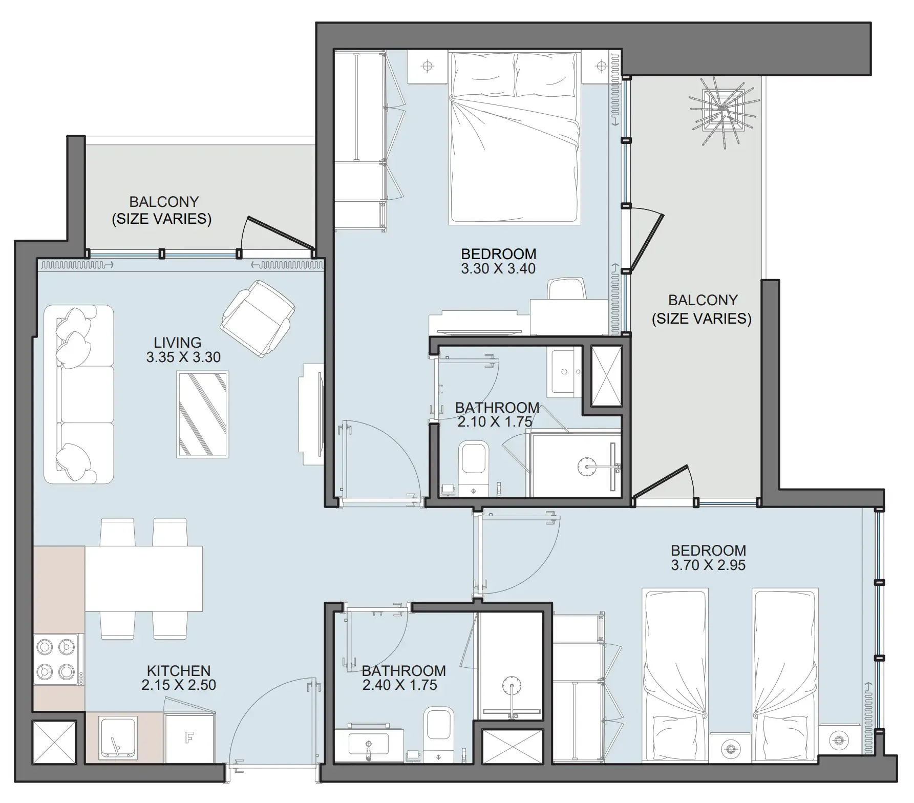 Alba Tower 2 bed floor plan, 748 sqft