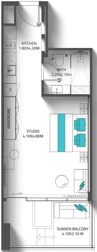 Reef 998 Studio floor plan, 477 sqft