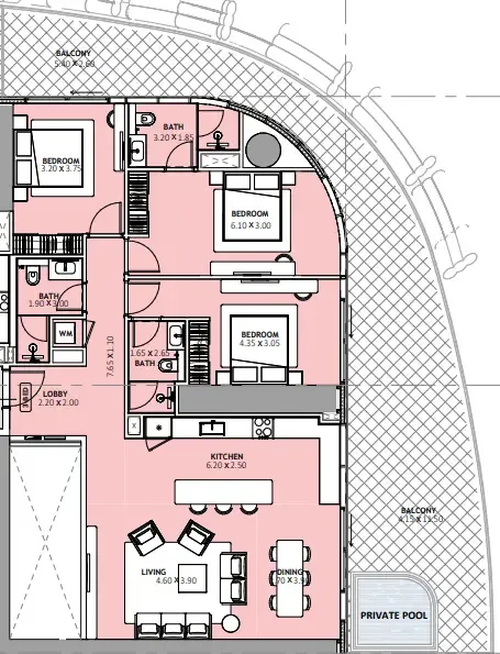 Binghatti Skyblade 3 bed floor plan, 2,197 sqft