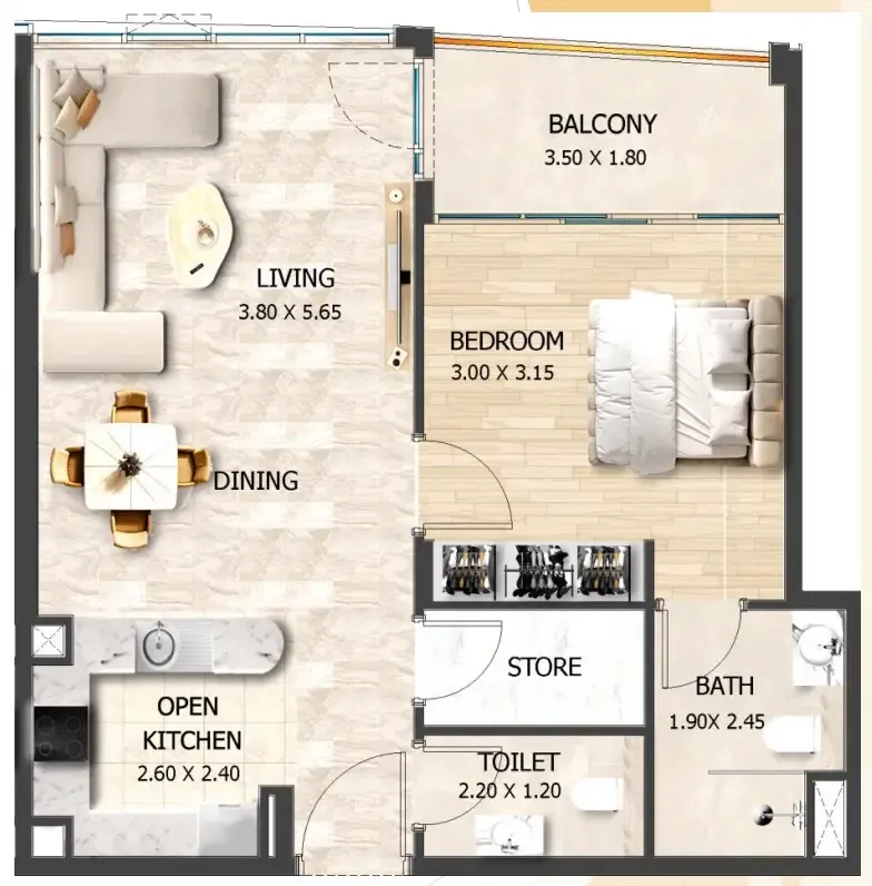 Crystal Tower by VHS 1 bed floor plan, 689 sqft