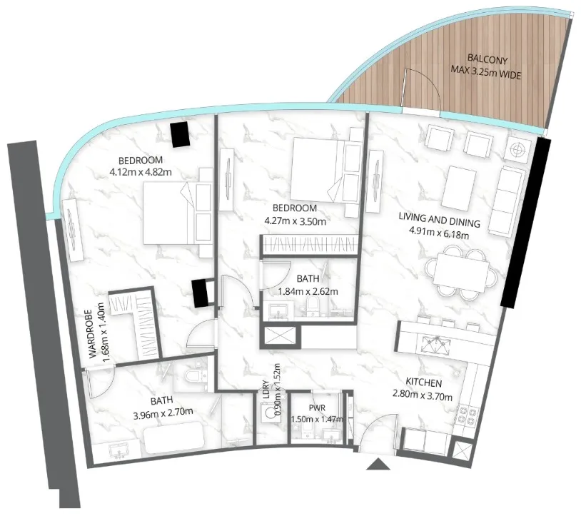Aqua Arc 2 bed floor plan, 1,497 sqft
