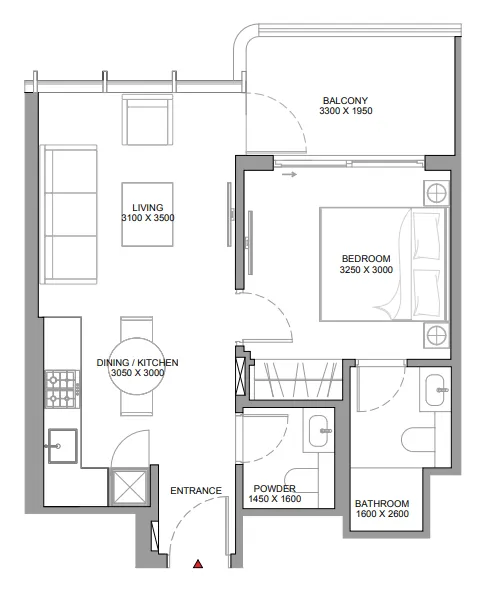 Sobha Aquamont 1 bed floor plan, 557 – 563 sqft
