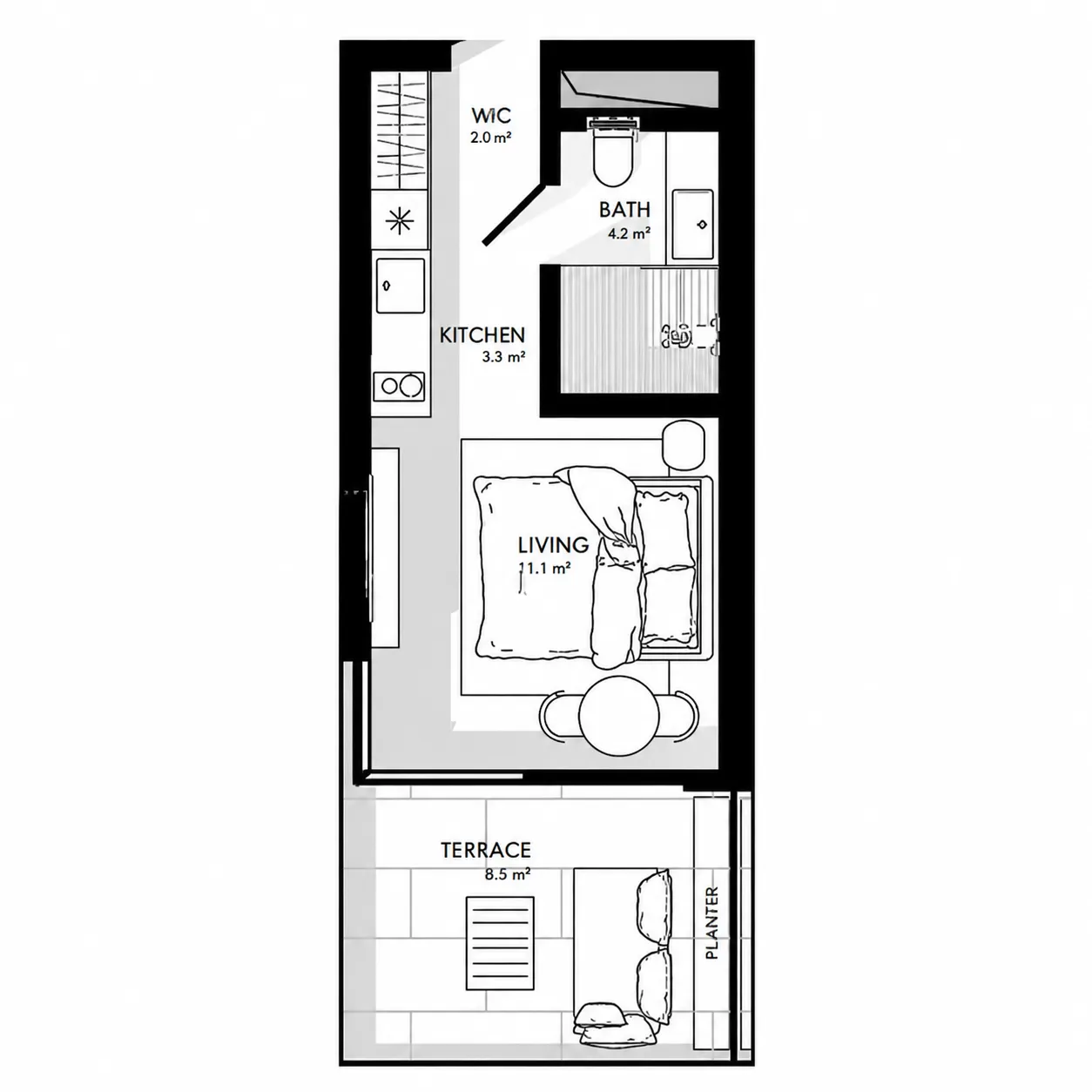 OceaniQ Nusa Penida 1 bed floor plan, 250 sqft