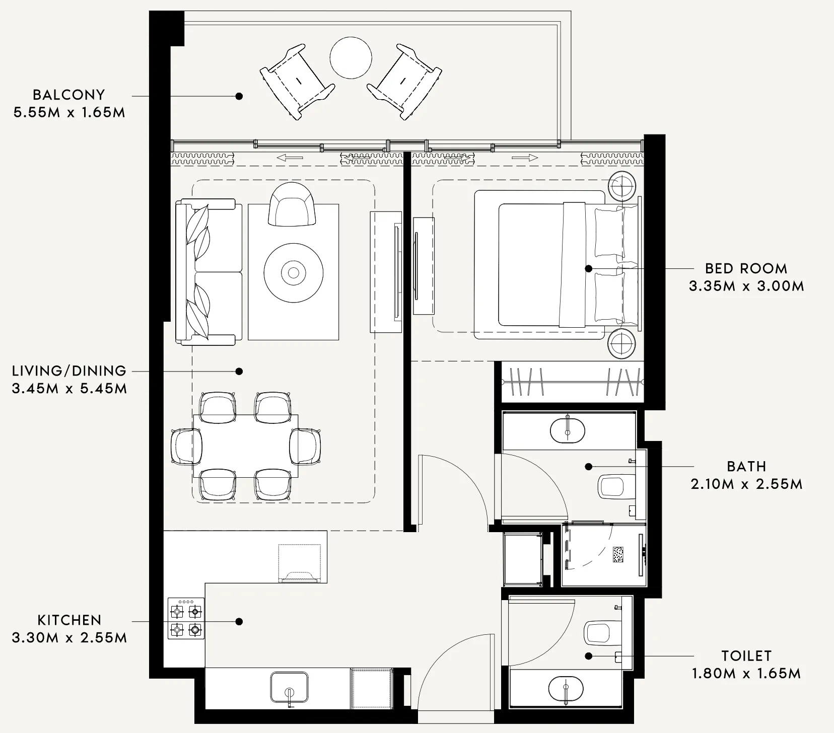 Riviera 60 1 bed floor plan, 728 – 905 sqft