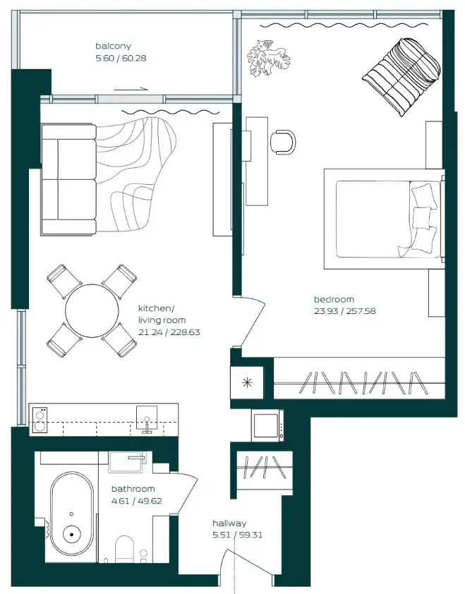 Vibe 1 bed floor plan, 735 sqft