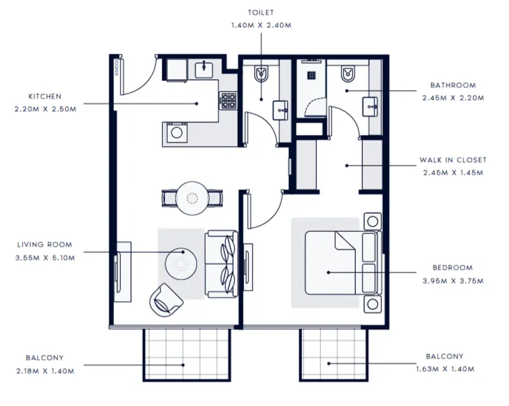 Azizi Grand  1 bed floor plan, 1,024 sqft