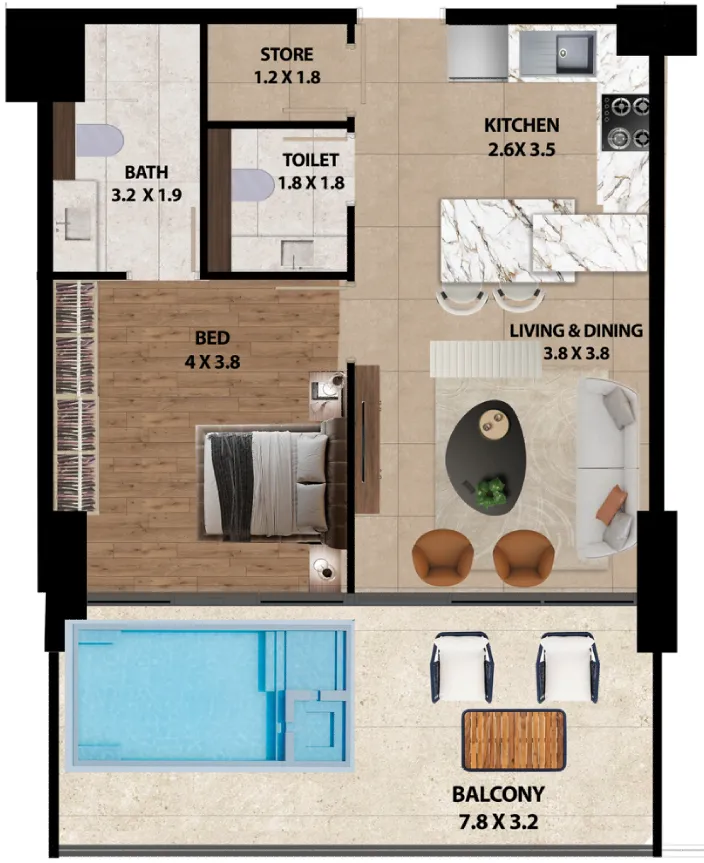 Marquis One 1 bed floor plan, 906 sqft