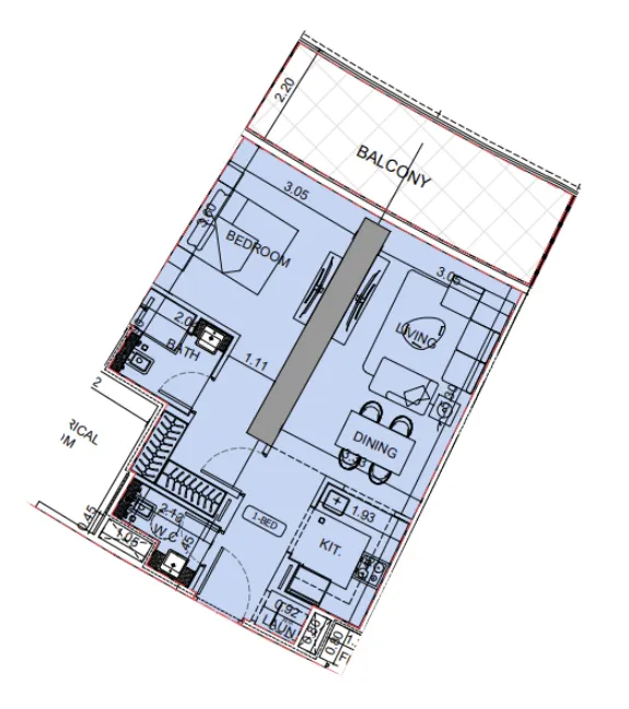 Binghatti Aquarise 1 bed floor plan, 791 sqft