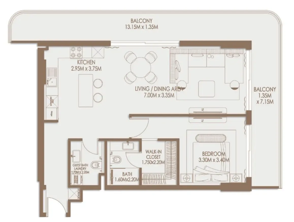 Veona by Gutti 2 bed floor plan, 1,135 sqft