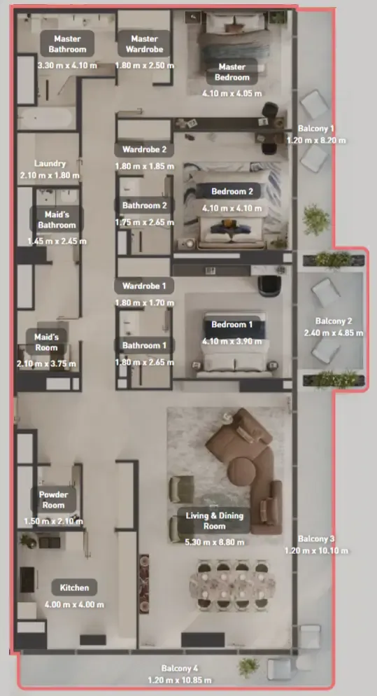 Luluat Marina at Luluat Al Raha 3 bed floor plan, 2,635 sqft