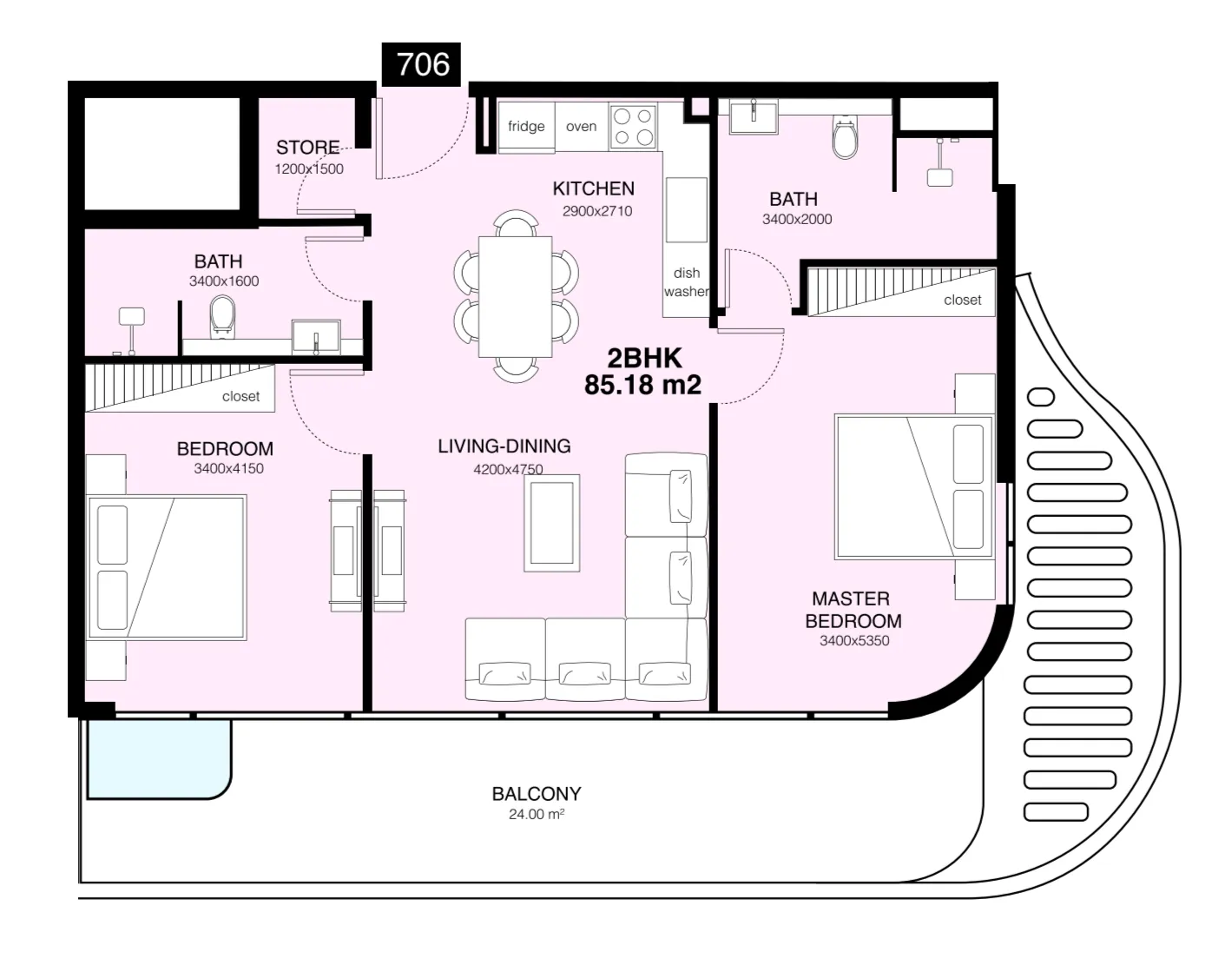 Villa Del Gavi 2 bed floor plan, 1,084 sqft