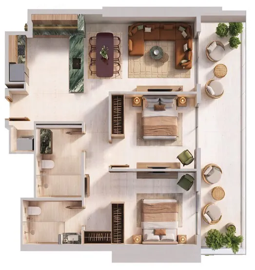 Binghatti Spectre 2 bed floor plan, 999 – 1,012 sqft