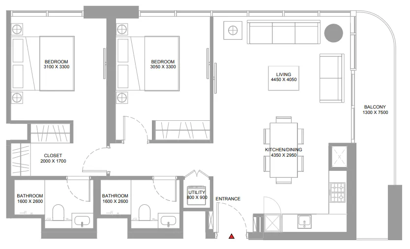 Pristine Beach Residences 2 bed floor plan, 973 sqft