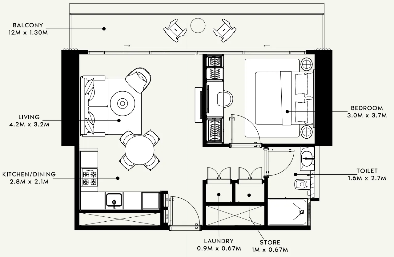 Azizi Milan 1 bed floor plan, 665 sqft