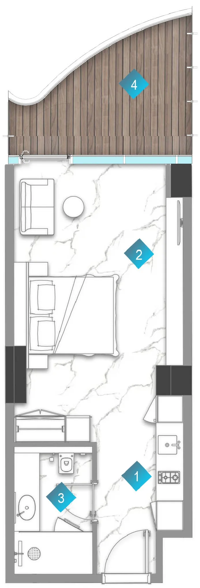 Aqua Arc Studio floor plan, 535 sqft