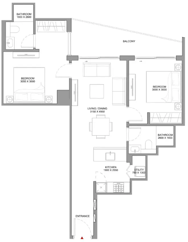 The Horizon at Sobha Central 2 bed floor plan, 921 – 932 sqft