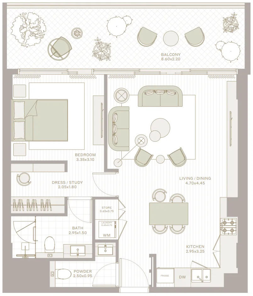 Park Five 1 bed floor plan, 930 sqft