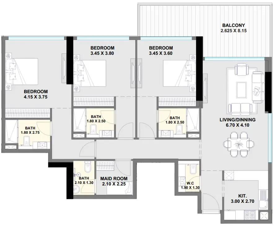 Ayaan Heights 1 3 bed floor plan, 1,734 sqft