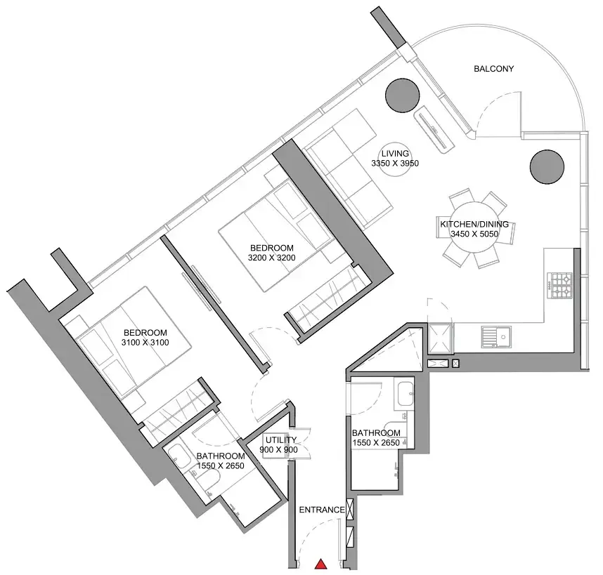 Sobha Orbis 2 bed floor plan, 989 sqft