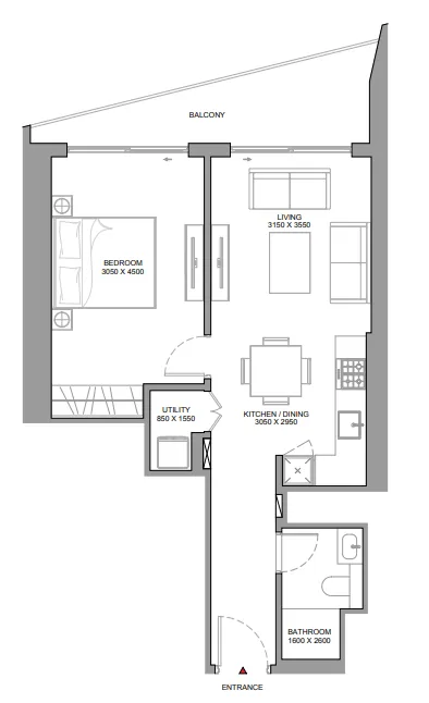 The Eden at Sobha Central 1 bed floor plan, 695 sqft