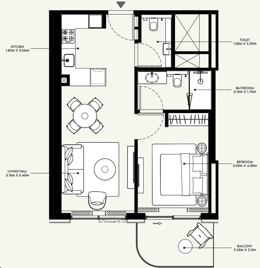 Azizi Venice 1 bed floor plan, 666 sqft